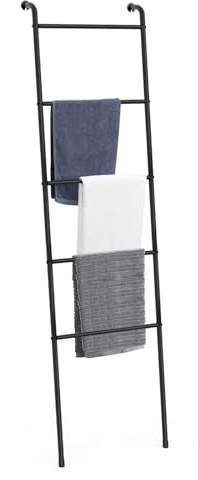 UOMIO Scaffale a scala per asciugamani a 5 ripiani, salvaspazio, autoportante, decorativo, per coperte, scala, porta asciugamani, per bagno, camera da letto, soggiorno, nero rustico