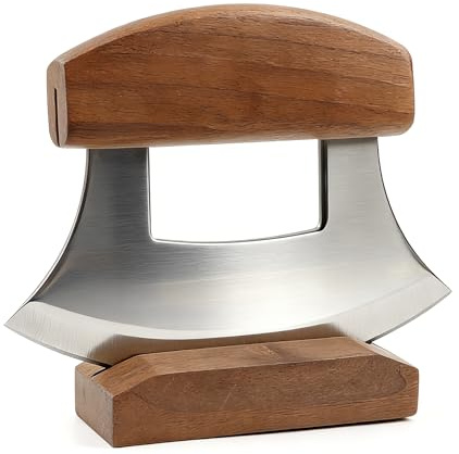 glendaveny Ulu Knife, Sharp Rocker Mezzaluna Knife with Wooden Stand for Salad, Vegetables, Pizza Cutter Rocker, Mezzaluna Chopper, Super Sharp Blade, Small