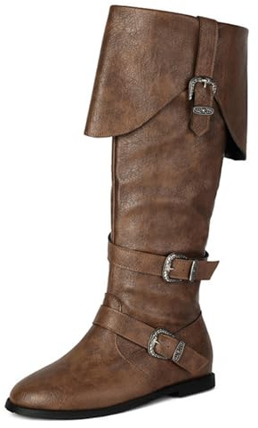 Wtharosa Stivali da Equitazione Donna Alti in Pelle Sintetica Stile Western Fibbia Decorativa Tacco Piatto Classico per L'Ufficio E Il Weekend,Marrone,36 EU