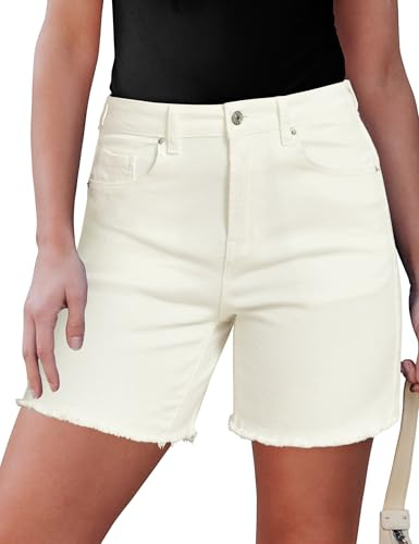 Roskiky Jeans Shorts for Women UK High Waisted Stretchy Ladies Denim Summer Raw Hem Mom Long Shorts Cutoff Jorts