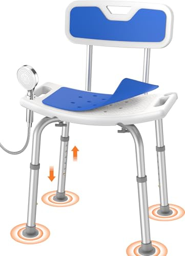 Luckfaith Sedia da Doccia con Schienale – Altezza Regolabile a 6 Livelli, Sedile Doccia Antiscivolo con Schienale Imbottito, Sgabello Leggero per Anziani, Disabili e Donne in Gravidanza, Blu