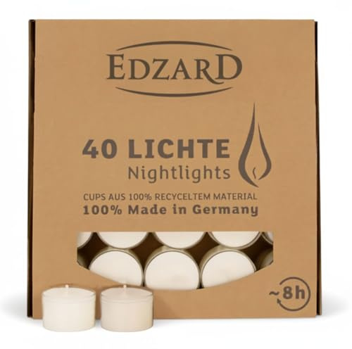 EDZARD 40 värmeljus, vita (ø 38 mm, 8 timmars brinntid) av paraffin, utan doft – nattljus, värmeljus för värmeljusglas, perfekt för kontinuerligt ljus Cornelius från Edzard