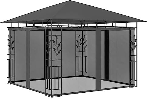 Mokuyary paviljong med myggnät 3 x 3 x 2,73 m antracit 180 g/m², lusthus, trädgårdstält, festtält, trädgårdspaviljong för trädgård, fest, festival, bröllop