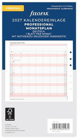 Filofax Inserto per calendario Personal Professional, mensile tedesco 2027