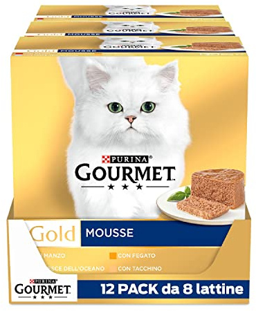 GOURMET Gold - Cibo Umido Gatto Adulto, Mousse con Pesce dell'Oceano, Fegato, Tacchino, Manzo. 96 Lattine da 85 g