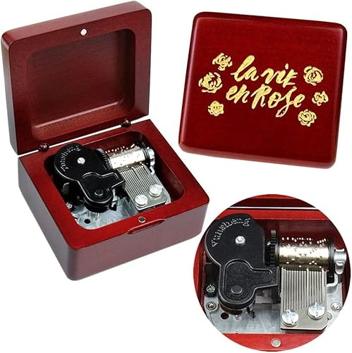 Sinzyo Music Box Vintage Wood Carved Mechanism Musical Boxs Gift For Birthday Valentine's Day Christmas Day(la Vie en Rose -Wine Red Box)