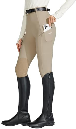 Willit Women's Horse Riding Pants Knee-Patch Equestrian Breeches Horseback Schooling Tights Zipper Pockets Khaki L