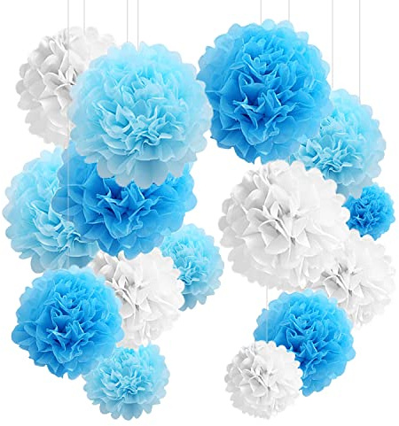 YBwanli Decorazione Festa Tema Blu，24 Pompon di Carta velina，Fiori di Carta Pompon，Adatto per Feste di Compleanno，Matrimoni，Festa del Ragazzo，Decorazione(Azzurro,Blu,Bianco)