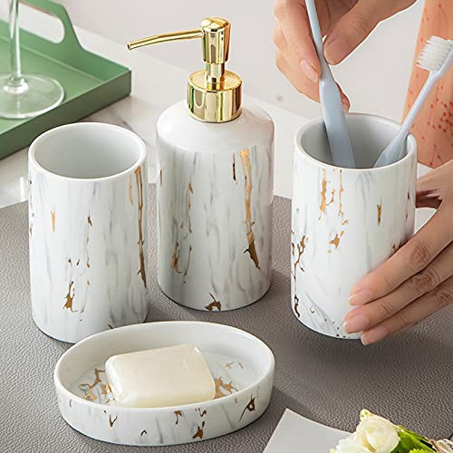 Tauzveok Luxuriöses Badezimmer Zubehör Keramik Bad Set Zubehör 4-Teiliges Seifenspender Zahnbürstenhalter Seifenschale Mundwasserbecher Goldene Marmorierung,Weiß