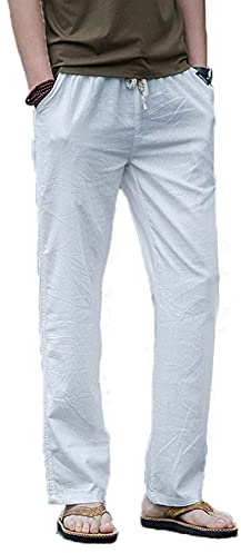 Cicilin Linnebyxor för män vardaglig dragsko elastisk midja hem yoga sport chinos byxor med fickor, Vitt, XS