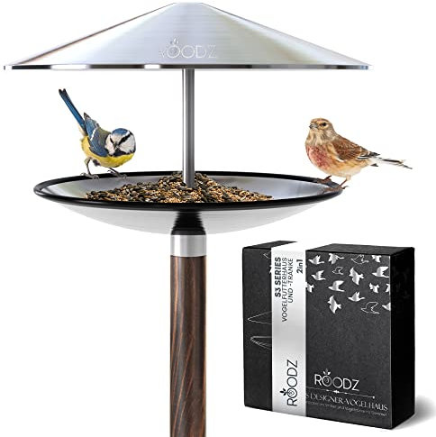 ROODZ Vogelhaus und Vogeltränke 2in1 mit Ständer Wetterfest, aus Rostfreiem Edelstahl, Designer-Vogelfutterstation, Vogelbad Stehend, Frostsicher Winterfest, Luxus Vogelfutterhaus Balkon
