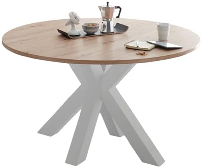 58 aufm Kessel Esstisch Rund ausziehbar Edda 10 130 x 130 x 78 Küchentisch Weiß Matt Lack/Asteiche 13558-130