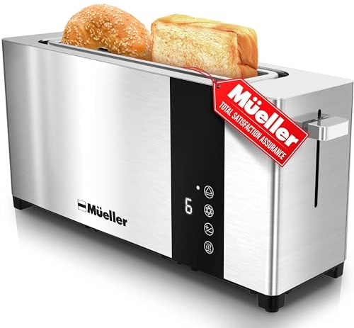 Mueller UltraToast Full Stainless Steel Toaster 2 Slice, Long Extra-Wide Slots with Removable Tray, Cancel/Defrost/Reheat Functions, 6 Browning Levels with LED Display, Housewarming Gifts New Home
