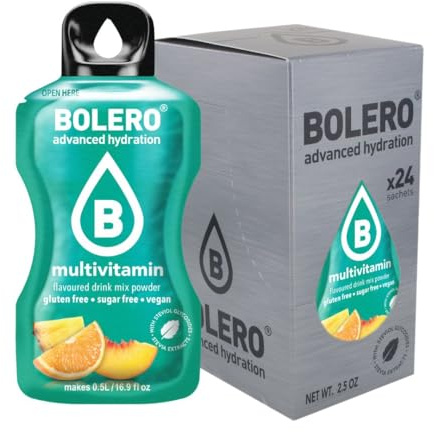 Bolero Drink 24 Bustine 3 gr grammi Sticks Frutta Preparato Polvere Solubile Per Bevanda Fresca in Acqua Prodotto, 72 grammi dolcificato alla stevia (Multivit)