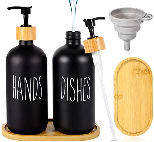 BARAKYEG Distributeur de Savon Noir Mat Set 500ml en Verre Distributeur de Liquide Vaisselle Flacon Pompe pour Cuisine,Douche.avecPlateau,Entonnoir (2pcs)