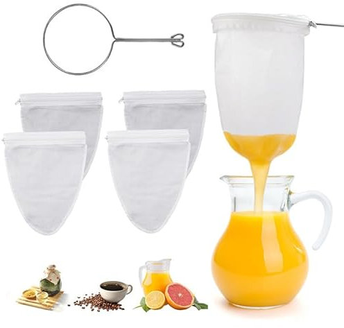 4 pezzi Sacchetto per Latte di Noce con 1 Supporto e Chiusura Lampo, Riutilizzabili, Food Strainer Bianca Sacchetto Filtrante, Sacchetto Filtro a Maglia Fine per Filtrare Succhi Latte Caffè Vino Rosso