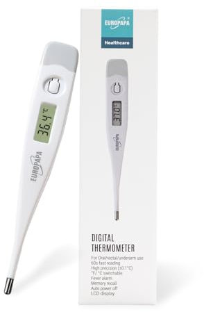 EUROPAPA Digitales Fieberthermometer für Babys, Kinder und Erwachsene, Thermometer für oral, axillar oder rektal, wasserdicht mit Fieberalarm (Grau)