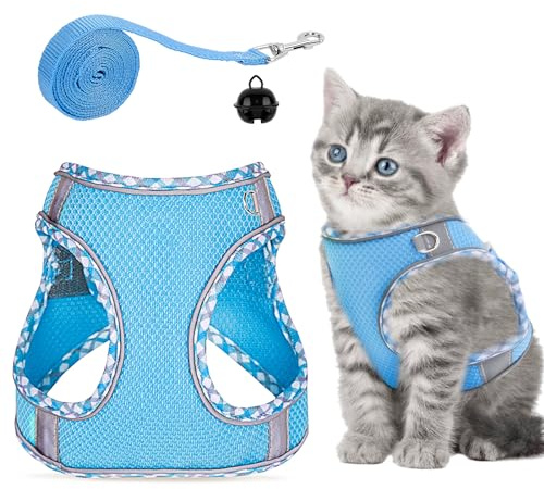 GOTRUST Cat Harness and Lead Set, Breathable Mesh Kitten Harness, Adjustable Escape-Proof Cats Vest with Leash, Reflective Pet Vest for Small Animals Rabbit Puppy - Blue