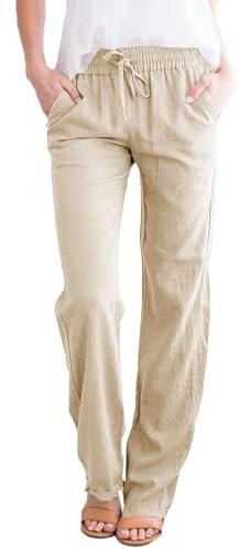 Leinenhose Damen Hose Sommer Musselin Leinen Hosen Stoffhose Einfarbig Freizeithose Gerade Geschnitten Strandhose Sommerhose mit Taschen (Khaki, S)