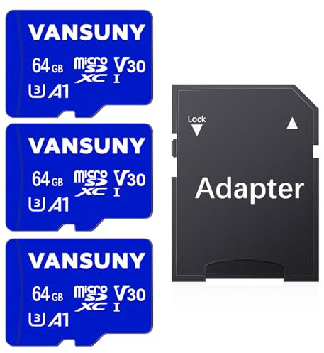 Vansuny Micro SD Karte 64GB 3 Stück Speicherkarte Micro SD 64GB 3er Pack mit SD Adapter Bis zu 90 MB/s Lesegeschwindigkeit (UHS-I, U3, A1, V30, C10, 4K UHD microSDXC)