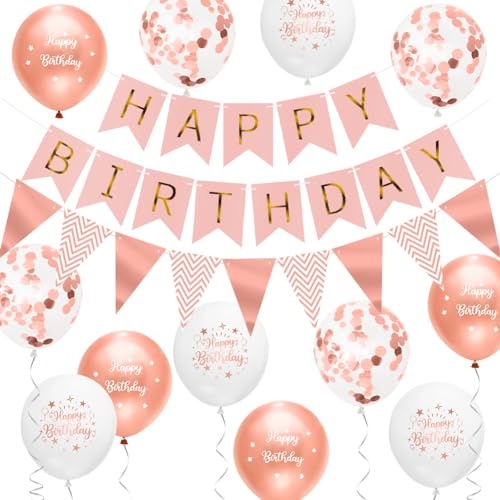 Happy Birthday Banner for Girls Women Birthday Party Decorations Rose Gold Birthday Decorations for Women Girls with Thick 12 Inch Rose Gold Birthday Party Balloons by Wonsta