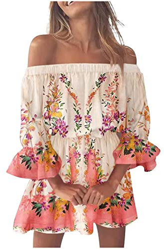 Robe Femme Chic et Elegant ete Fleurie Robe Boheme Chic Mariage invité Robe Courte Femme Grande Taille Manche 3/4 Robe de Plage Femme Bustier Fluide Ample Robe Casual Femme Vacances (Pink, XXXL)