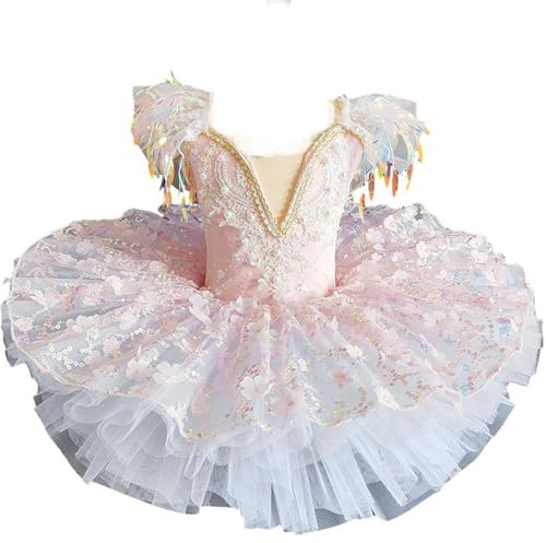 OTMYIGO Rose,150, Costume de Danse du lac des cygnes pour Fille, Tutu de Ballet, Robe de Spectacle pour Enfant, Ballerines, crêpes, Tutu