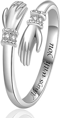 Sterling Silver Hug Rings for Women, Hugging Hands Adjustable Open Ring Engraved Words Ring Symbol of Love Sister Gifts Perfect for Daughters Mom Wife Friends Mother's Day Friendship Jewelry Gift