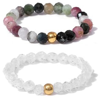 GoPaw Elastischer Naturstein Ring für Damen und Mädchen (Weiß, 2 Stück Perlen Elasticher Ring, Facettiert, Edelstein Perle Stapelbar)