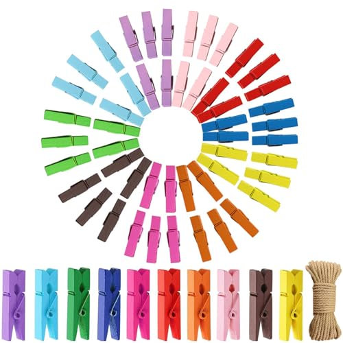100 Stück Holzklammern Klein, 3.5 cm Wäscheklammern Holz mit 10m Juteschnur, Bunte Holzklammern Mini für Fotos Aufhängen Natur Deko Holzklammern Fotoklammern