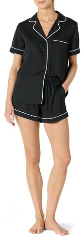 Amazon Essentials Women's Satin Short Sleeve Button-Down Top and Short Sleepwear Set, Black, L