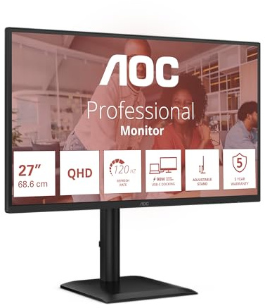 AOC Monitor Q27E4U da 27 pollici QHD, 120 Hz, IPS, 1 ms MPRT, sincronizzazione adattiva, modalità HDR, regolazione dell'altezza (2560 x 1440, HDMI 1x 2.0, DP 1x 1.2, USB Hub) Nero
