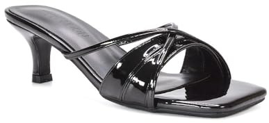 ESSEX GLAM Women's Low Kitten Heel Sandals Ladies Strappy Black Patent Slip On Mule Open Toe Slide Shoes Size 6