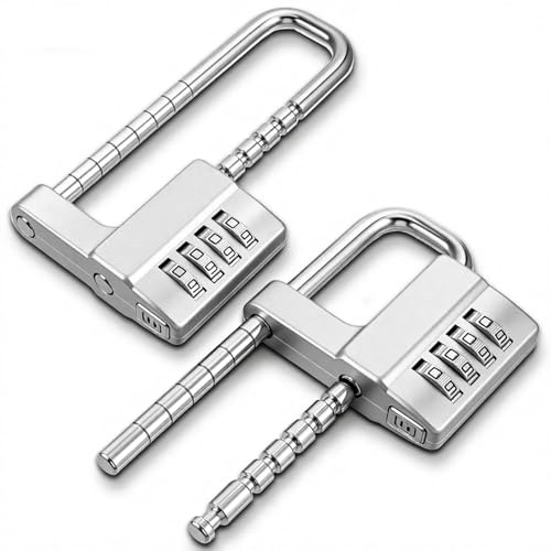 Afcabakila 2Pcs 4Digit Combination Cabinet Lock U Shaped Code, Stainless Steel Adjustable Padlock with Code, Waterproof Metal Long Shackle Lock Retractable for Outdoor College Fences Sports Locker Gym