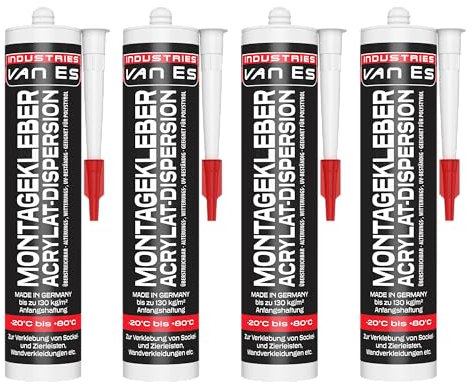 Montagekleber 4 x 310ml | weißer Montagekleber mit hoher Anfangshaftung | 130kg/m2 | zur Befestigung von Sockelleisten | extra Stark haftend | Konstruktionskleber Styroporkleber Baukleber | Kartusche