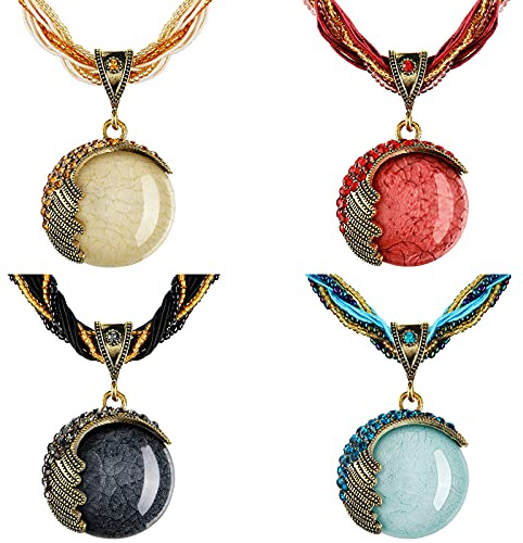 Bonuci 4 Pcs Bohemian Necklace for Women Retro Vintage Turquoise Rhinestone Necklace Beaded Chunky Pendant for Women Ladies Gift(Blue, Black, Khaki, Red)