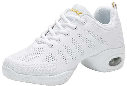 Dam Jazzdansskor Snörningsskor Lättviktsventilerande Walking Dance Sportskor,White,37 EU
