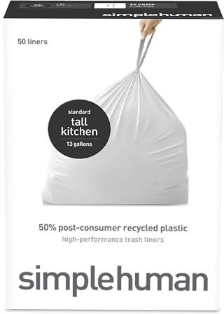 simplehuman 50% Post-Consumer Recycled Tall Kitchen Drawstring Trash Bags, 13 Gal, 50 Count