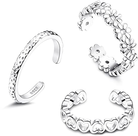 Sllaiss Anillos de dedo para mujer Anillos de dedo del pie de plata 925 Anillos de dedo del pie excavados con flores en forma de corazón Anillos de dedo abiertos ajustables Joyas para pies de verano