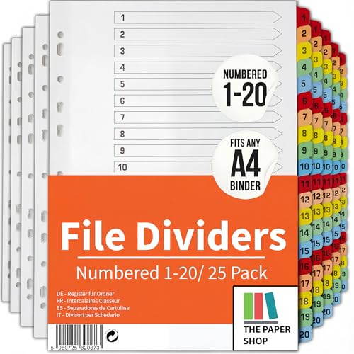 Ordner-Register A4 Farbig 20-teiliges | Trennblätter für ordner A4 nummeriert 1–20 | Trennblätter für ordner A4 (1-20) | Einfach Perfekt Zum Organisieren (25)