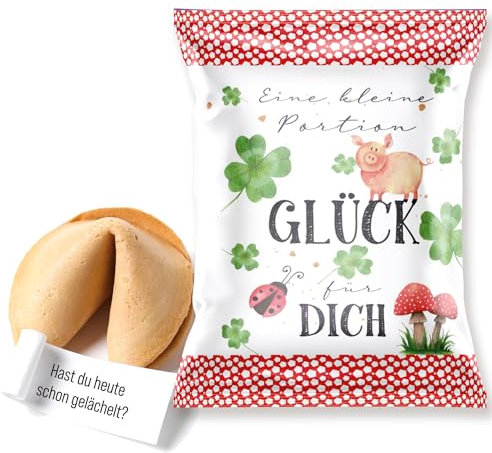 Glücksbringer Glückskekse, 10 Stück: Glückskeks-Tüten, Prüfung, Abitur & Führerscheinprüfung, Für Silvester & Neujahr, Prüfungsglücksbringer Abi, Kleeblatt & Glücksschwein, Viel Glück, 7 x 10 cm