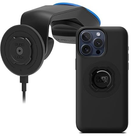 QUAD LOCK Soporte de Ventosa para Teléfono de Coche para Parabrisas/Salpicadero con Cabezal de Carga Inalámbrica mag V2 y Funda mag para iPhone 15 Pro MAX