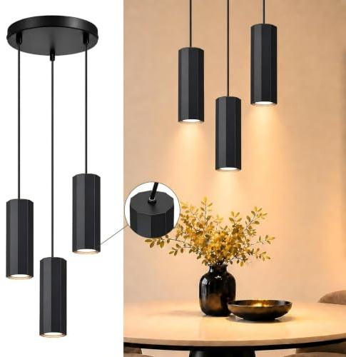 Glitzerlife Taklampa i svart vintagestil hängande lampa LED 3 ljusiga | pendellampa Runda Unik Polygonal justerbar höjd max.25W kök matsal bar sovrum kaffe loft (utan glödlampor)