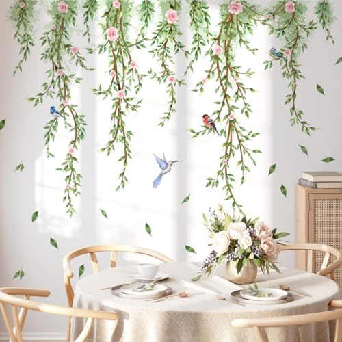 Runtoo Hängande vinrankor med blommor väggdekaler gröna växter löv fågel väggklistermärken för sovrum vardagsrum väggkonst dekor