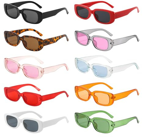 NYGGTYK Lot de 10 paires de lunettes de soleil rétro avec petit cadre - Style hippie - Colorées, noir/rouge