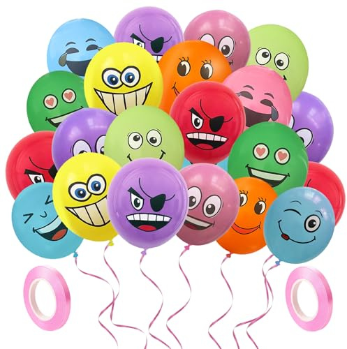 100PCS Emoji Birthday Balloons, Latex Party Funny Emotion Balloon for Kids | With 2 Ribbons, Suitable for Girls and Boys, Birthday Celebrations, Wedding Ceremonies and Holiday Events