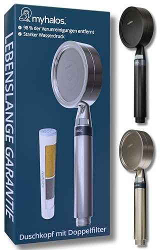 MyHalos® Handbrause Duschkopf mit Filter, Wassersparend Hochdruck Duschfilter, 3 Schichten-Filtration gegen Chlor, Bakterien & Kalk, Antikalk, Für Hartes Wasser