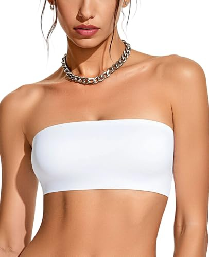 Upushall Medium White Strapless Bandeau Bras for Women Seamless Stretchy Wireless Bralettes Non-Padded Tube Bra 34B 34C 36A