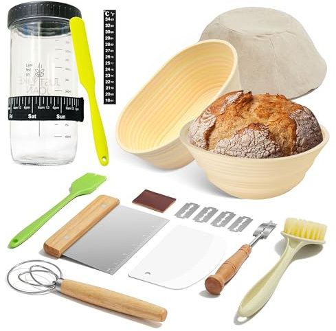 Sourdough Starter Kit Jar, 2 Sourdough Proofing Baskets,9 inch Round &10 inch Oval Foldable Silicone Banneton Proofing Basket, Feeding Time Tracker, Metal Scraper, Sourdough Bread Baking Supplies