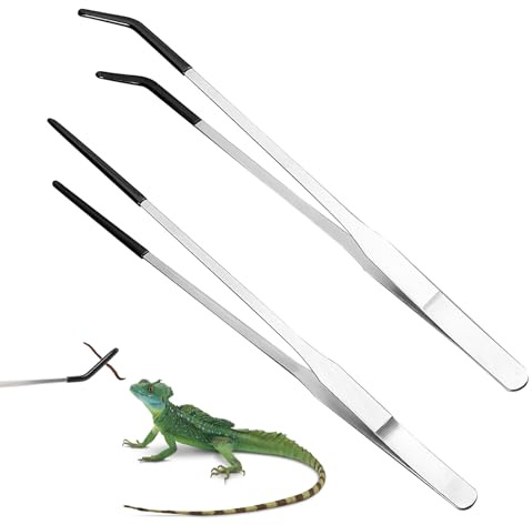 Watlikeup 2Pcs Reptile Feeding Tongs with Rubber Tip,Stainless Steel Straight and Curved Long Aquarium Tweezers,Duty Extra Long Tweezers for Aquarium and Terrarium